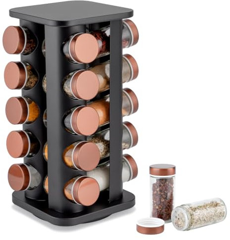 EliteHoff Estante giratorio para especias, carrusel con tarros de especias, estantería cuadrada negra, contenedores de almacenamiento de especias, cobre (20 tarros)