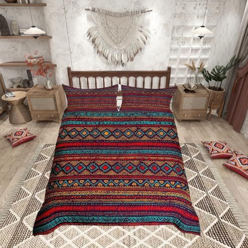 Loussiesd Bohemian Duvet Cover Set Single for Kids Geometric Bedding Set Striped Ethnic Comforter Cover with 1Pillow Shams Zipper Ultra Soft Microfiber Boho Bedspread Cover