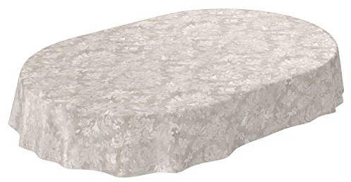 ANRO Nappe en Toile cirée Lavable pour Le Jardin, de Forme Ronde, Ovale ou rectangulaire, pour l’intérieur et l’extérieur, Motif Baroque vrillé, Beige-Gris Clair, Ovale, 200 x 140 cm