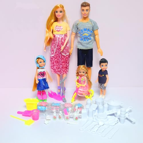 UCanaan Family Dolls Set of 6 People with Dad Pregnant Mom 3 Kids and Baby Boy in Mommy's Tummy and 70 Pcs Accessories for Education and Gift Best Gitfs for Girls Christmas Birthday