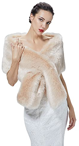BEAUTELICATE Faux Fur Shawl Winter Wedding Wraps Women Bridal Stole Bridesmaids Shrug 1920s Flapper Cape Fancy Dress Gatsby Custum(One Size, Champagne)