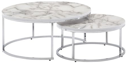 FineBuy Couchtisch 2er Set Weiß Marmor Optik Sofatisch Rund Modern, Beistelltisch 2-teilig Metall, Runde Wohnzimmertische, Design Satztische Silber