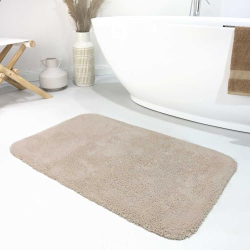 Wecon Home Moderner Flauschiger und waschbarer Badezimmerteppich aus Baumwolle - Ole (70 x 120 cm, Creme beige)