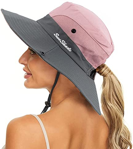 KorhLeoh Women's Outdoor UV-Protection-Foldable Sun-Hats Mesh Wide-Brim Beach Fishing Hat with Ponytail-Hole