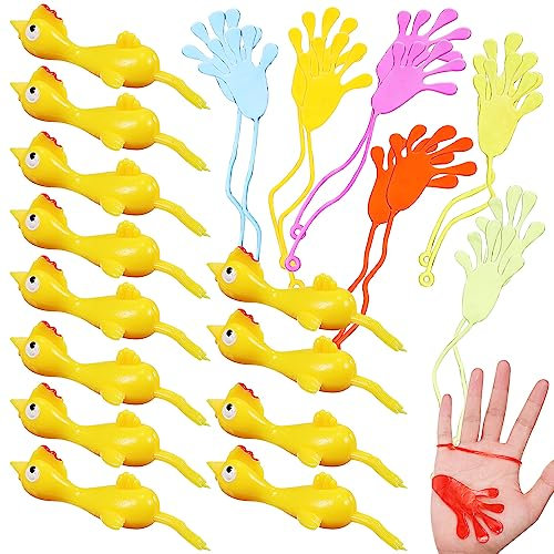 Toyvian 12 Stück Schleuder Huhn Gummi Fliegende Finger Spielzeuge mit 12 Stück klebrigen Händen klebrigen Fingerspielzeugen dehnbaren klebrigen Händen für Kinder Partygeschenke