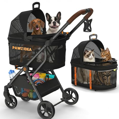 PAWZIDEA Pet Stroller 4 in 1, Foldable Cat Stroller with Detachable Carrier for Small Medium Dogs & Cats, Escape-Proof No-Zip Canopy, Lightweight Portable Travel Crate & Car Seat Combo, Storage Basket