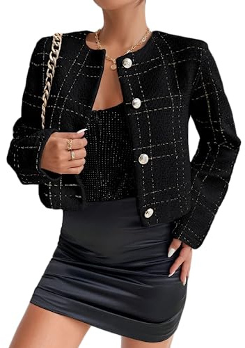 Mina Self 2025 Fall Women's Tweed Blazer Jacket - Collarless Plaid Cropped Open Front Casual Fashion Office Suit with Pockets