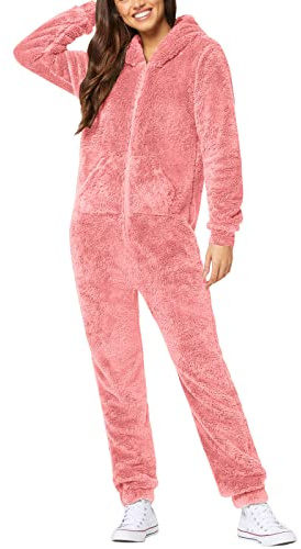 Bata de casa para mujer con cremallera larga, ropa de dormir para mujer, tallas grandes, mono de invierno, con capucha, traje de 1 pieza, pijama de lana artificial, monocolor, cremallera, forro polar
