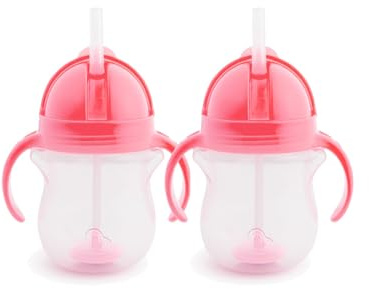 Munchkin 2 Pack Tip&Sip Baby & Toddler Weighted Straw Cups | 207ml | Pink