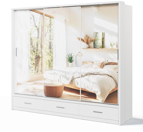 Compleo24 Kleiderschrank mit 3 Schubladen ARTI 01, Schwebetürenschrank mit Spiegel, 3-türig (Weiß) Schiebetür, Breite: 250 cm, Moderne Kleiderschrank