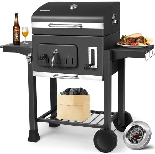 TLSUNNY Parrilla Barbacoa Carbon, Barbacoas de Carbon XXL con 2PCS Ruedas, Parrilla Barbacoa con Tapa, BBQ Smoker en Jardín y Exteriores, Gran Capacidad, Negro, 130x137x49 cm
