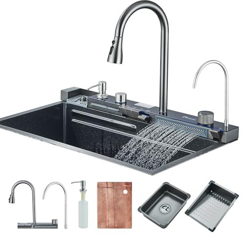 Évier de Cuisine Hevenaov Évier de Cuisine en Acier Inoxydable évier de cuisine gris foncé avec robinet extractible et autres accessoires Pour laver les légumes et la vaisselle (75x45x21cm)