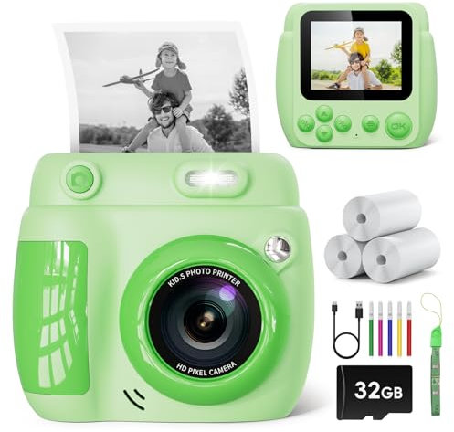 LETSHAHA Kids Camera Instant Print,2.4'' LCD Screen 1080P 20MP Kid Instant Camera with 32GB Card,3 Printing Paper,5 Color Pen, Christmas Birthday Gifts Kids Toys for Girls & Boys Aged 3-12 (Green)