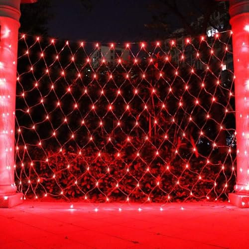 SUAVER Filet lumineux de Noël à 192 DEL, fonctionne à piles, étanche, 8 modes, guirlande lumineuse pour sapin de Noël, buisson, décoration de jardin (rouge, 3 x 2 m)