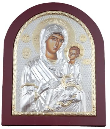 RZRHMUHN Icono ortodoxo de la Virgen María y el Niño Jesús, chapado en plata y oro, perfecto para exhibición de altar en el hogar o iglesia (rojo)