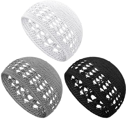 Boyiee 3 Pcs Knit Kufi Hats Crochet Beanie Skull Caps Solid Colors Knit Cap Stretchy Knitted Crochet Hat for Men Women Teens (Black,Gray,White)