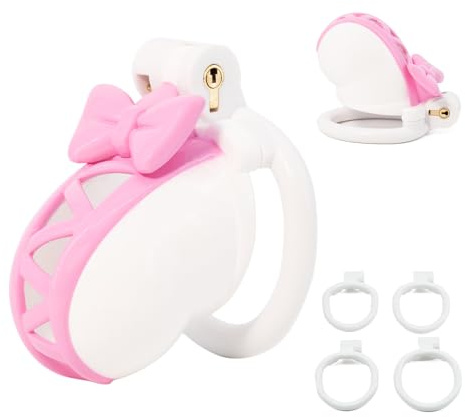 SeLgurFos cage de chasteté hommes avec serrure invisible résine ABS Chastity Cage hommes avec plusieurs tailles de mousquetons Pink Bow Design cage à pénis SM jouets sexuels (Pink)