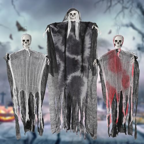TOEKSIX 3 Pack 85.5cm Hanging Halloween Decorations - Scary Skeleton Ghosts, Outdoor Halloween Props, Spooky Floating Grim Reapers for Yard, Garden & Party
