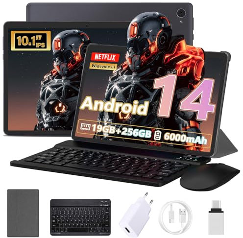 GOTOWOD Tablet 10 Pulgadas 19 GB RAM + 256 GB ROM (1 TB TF), Tablet Android 14, Pantalla de Alta definición IPS, 5MP Dual Cámara, Batería 6000mAh, tabletas de Alto Rendimiento 2025, GMS, WiFi (Gris)