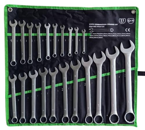 Set 21 Chiavi Combinate Fisse e a Stella (Anello) - Misure 6-32mm con Comodo Astuccio in Panno - Acciaio Cromo Vanadio - Kit Professionale Completo per Meccanica, Auto, Moto, Bricolage