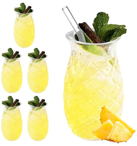 WIYETY 6er Set Ananas Gläser: 400ml Klares Cocktailbecher mit Ananas-Relief, Wiederverwendbar Partygläser, Saftgläser, Longdrinkglas in Ananasform perfekt für zu Hause, Restaurants und Party