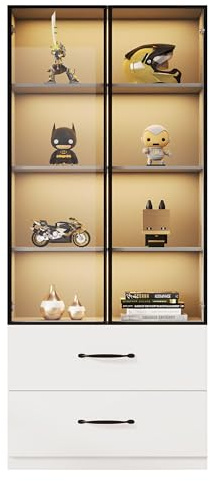 KecDuey Vitrina de cristal de 60 x 40 x 160 cm, armario alto, estantería y armario multifunción con iluminación y cajones, con marco de aluminio, puertas de vidrio templado y bisagras de cierre suave