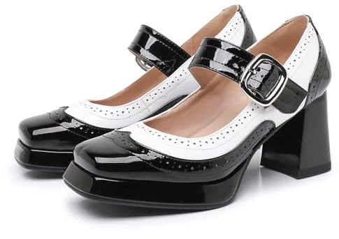 Greemarliy Platform Mary Jane Heels for Women Chunky Low Block Heels Patent Mary Jane Round Toe Pumps with Buckle Strap Retro Fashion Closed Toe Dress Shoes