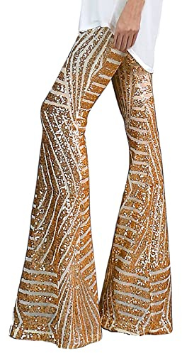 Pantalón Hip Hop Brillante para Mujer, Brillante Pantalones de Talle Alto, Elástico, Estilo Retro Disco Hippie Clubwear Streetwear, Estilo Casual, Corte Ajustado, caqui, L