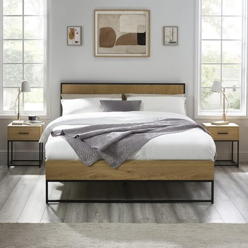 Julian Bowen Harlow King Bed - Oak Effect Double Bed Frame with Wooden Headboard, Industrial Black Metal Legs & Sturdy Slats, 4ft6/135cm, No Box Spring Needed - 100 x 154 x 196cm