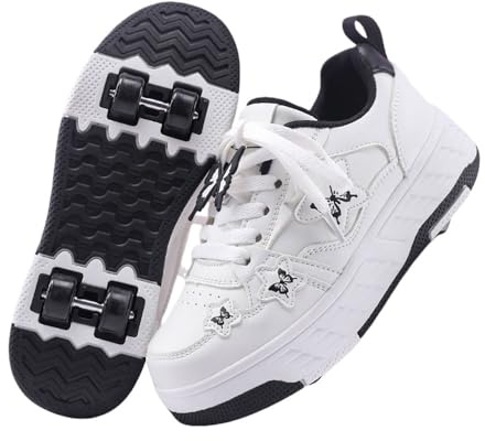 ENEN Papillon Chaussure Roller Fille, Basket Roller pour Enfan Chaussure a Roulette Garcon Fille Garçons Roues Basket a Roulette Adolescents pour Extérieur (Noir Blanc,34)