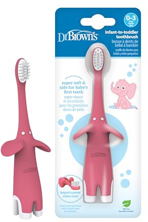 Dr. Brown’s Cepillo de Dientes para Bebés de 0 a 3 Años con Forma de Elefante - Filamentos Extrasuaves - Mango Fácil de Agarrar para Manitas Pequeñas - Sin BPA - Color Rosa