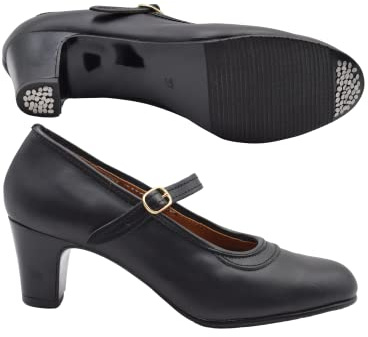 PASARELA - Zapatos de Baile Flamenco de Piel Negros con Clavos y Cierre de Hebilla para Mujer Cuero