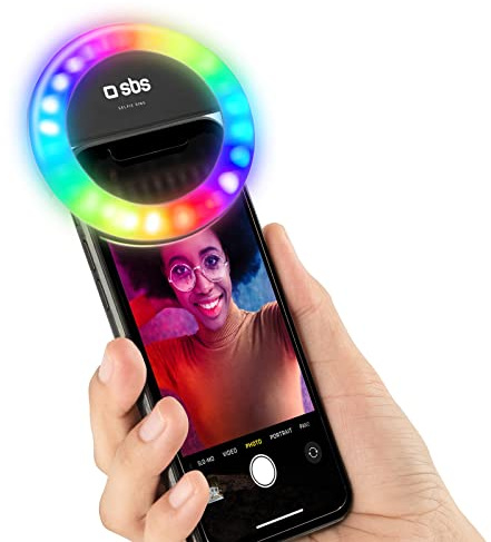 SBS Anello LED multicolore per smartphone, luce flash con regolazione dell'intensità, per TikTok, YouTube, Instagram, reel, selfie, vlog, cavo di ricarica USB incluso, luce multicolore, Unica