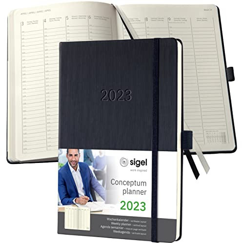 SIGEL C2319 Planungsbuch Terminplaner Wochenkalender 2023 - ca. A5 - 1 Woche = 2 Seiten, 1 Spalte pro Tag - schwarz - Hardcover - 192 Seiten - Stiftschlaufe, Archivtasche - Conceptum