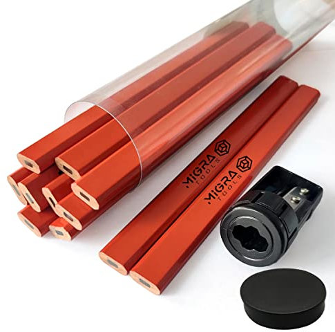 Migra Tools Carpenter Pencils - HB Builders Pencil Set with Sharpener & Case Flat Construction for Marking Wood, Brick, Concrete, Boards, Plaster Carpentry, Woodworking Pack of 10, Black