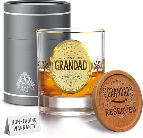 CROWNLY CRYSTAL® Personalised Whiskey Glass for Grandad – Gold Gift for Birthday from Granddaughter or Great Grandad