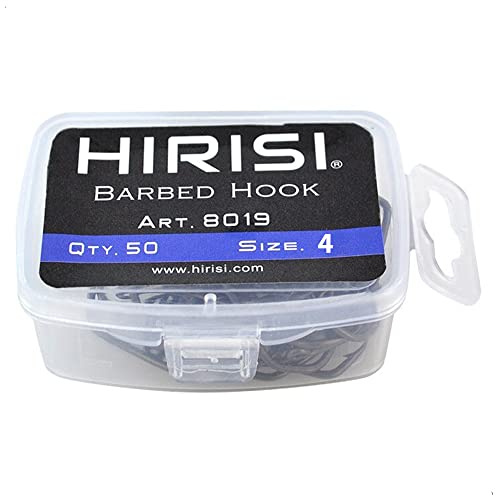 Hirisi 8019 Lot de 50 hameçons de pêche taille 2 à 8 avec ardillon avec œillet pour la pêche à la carpe, en acier au carbone, hameçons à bouillettes, différentes tailles, lot de 50