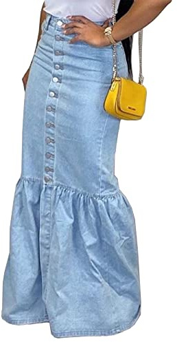 SEMATOMALA Women's Button Down Denim Ruffle Maxi Dress Packaged Hip Mermaid Elegant Long Fishtail Jeans Blue Skirt(BE,M)