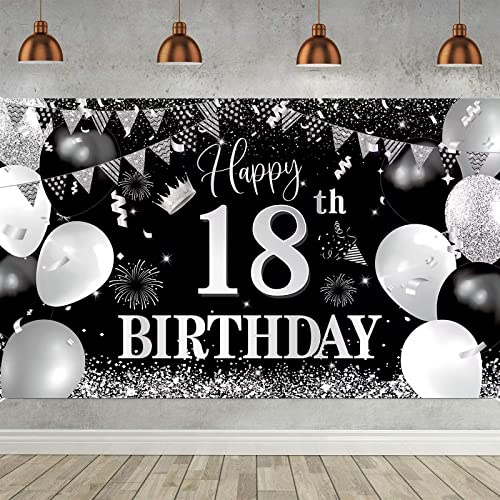 18° compleanno striscione nero argento striscione compleanno per ragazzi ragazze festa decorazione sfondo