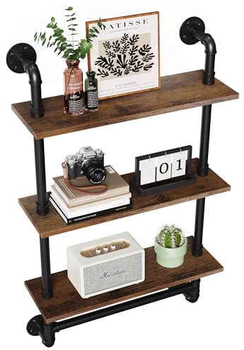 Merapi 24 Industrial Floating Shelves with Tower Bar, Pipe Shelves for Wall, 3 Tier Rustic Wood Wall Shelves for Home Décor, Bedroom, Living Room, Bathroom