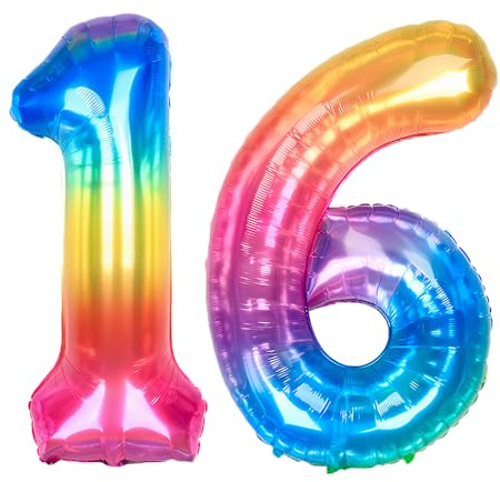 Ponmoo 40 inches Foil Balloons Numbers 16/61 Neon Rainbow (101cm), Inflatable Helium or Air, Giant Balloon Number 0-9, 10-29, 30-100, Grand Balloons for Anniversary Wedding Birthday Party Decoration
