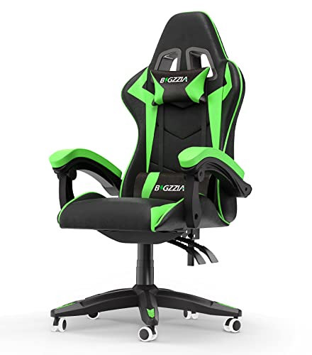 bigzzia Silla Gaming，Silla Ergonómica para Videojuegos, Oficina y Estudio, Silla Gaming con Cojín Lumbar y Reposacabezas, Regulable en Altura (Sin Reposapiés, Verde)
