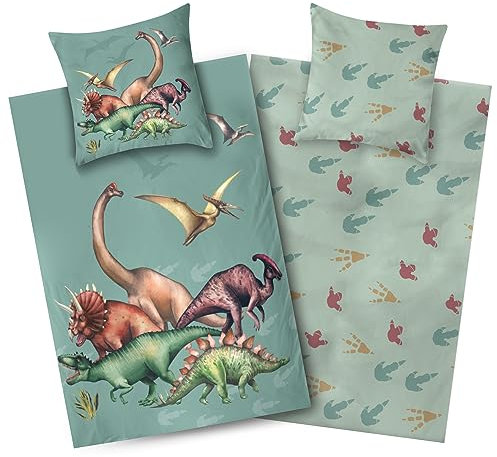 Aminata kids Dino Bettwäsche 135x200 Jungen Baumwolle Dinosaurier-Dino-Motiv Kinder-Bettwäsche-Wende-Set T-Rex | mit Reißverschluss grün - 2tlg