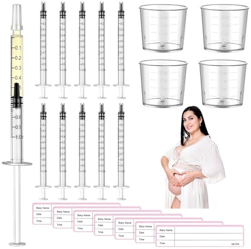 Kit de recolección de calostro de 50 piezas de 1 ml, colector de leche materna con 4 tazas medidoras y 54 calcomanías, colección de calostro, juego de regalo para la lactancia materna