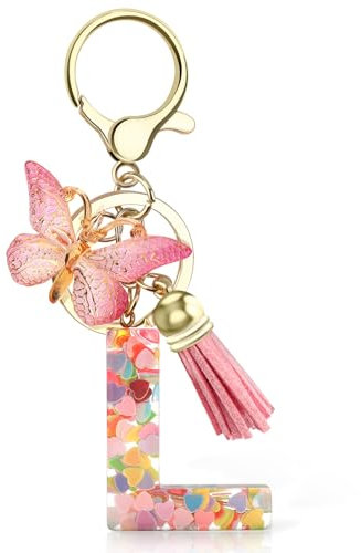 GlasFlength Porte-clés avec Initiales, Porte Clef avec Pendentif Papillon et Pampille Mignon Porte Cle Lettre Initiale en Résine pour Filles et Femmes pour Portefeuilles Sac à Main Charme (Rose, L)