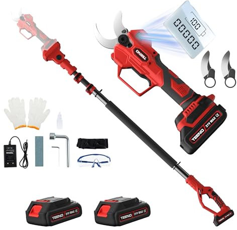 TEENO Tijeras de Podar Eléctricas Inalámbricas 2 en 1 con Pértiga Extensible de 2 metros, Podadora Eléctrica con Batería de 21V 2×2.0Ah, Diámetro de Corte de 40CM, para Podar Árboles.