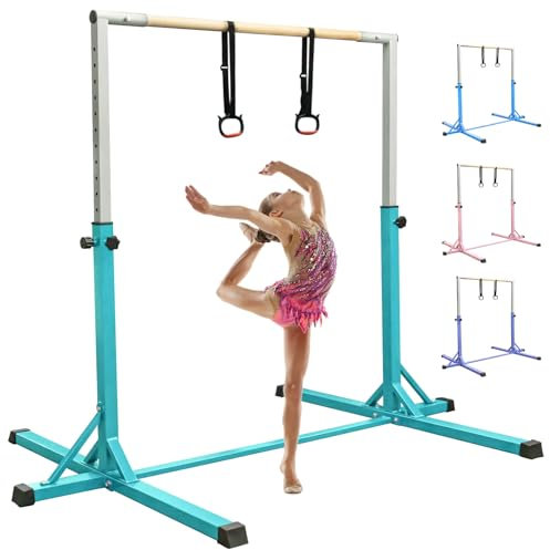 Gymnastics Bar Horizontal Bar with Gymnastic Rings for Kid 13 Height Adjustable, Junior Training Kip Bar Gymnastics Training Equipment for Home Gym Indoor Garden Outdoor