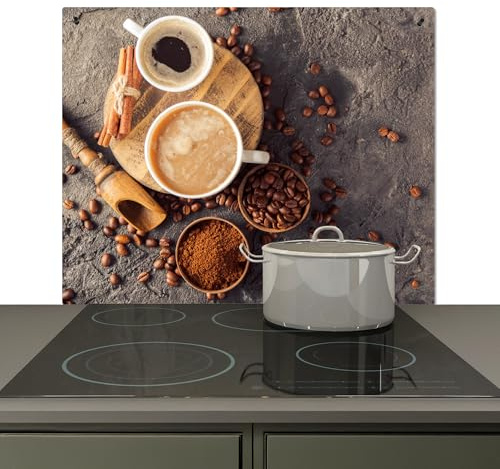 KitchenYeah© Spritzschutz Küchenrückwand Vinyl 59x51 cm Küche Wand Deko Küchenwand Rückwand, Ceranfeld Abdeckplatte Kaffee - Beton - Kaffeebohnen