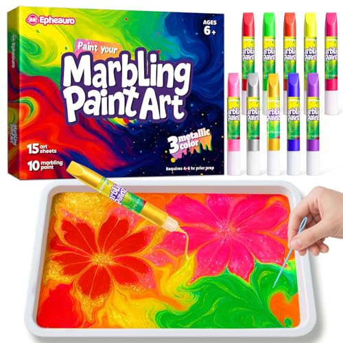 Epheauro Kit de Peinture Marbrée sur Eau pour Enfants – Or, Argent & Or Rose Métalliques, Loisirs Créatifs Filles & Garçons, Coffret Cadeau Créatif 6–12 Ans