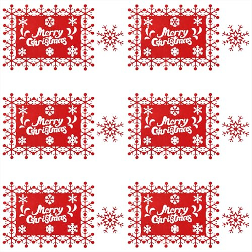 Tovaglietta di Natale Rosse Set di Tovagliette e Sottobicchiere in Feltro a Fiocco di Neve Decorazione da Tavola Natalizia per Feste e Cene 12 Pezzi